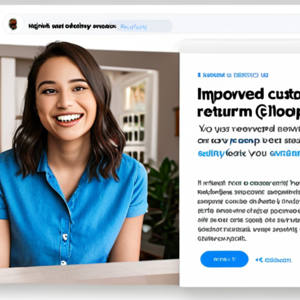 **Image Prompt:** A friendly, helpful AI chatbot interface pops up on a website, instantly answering a customer's question about a product return. The scene is bright and modern, emphasizing speed and efficiency. The customer looks relieved and happy. Text overlay: "Improved Efficiency: Instant Answers, Happy Customers."