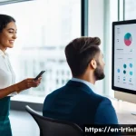 대화형 AI 시스템의 테스트 전략과 프레임워크 - A modern office setting with diverse professionals collaborating around a large touchscreen display ...