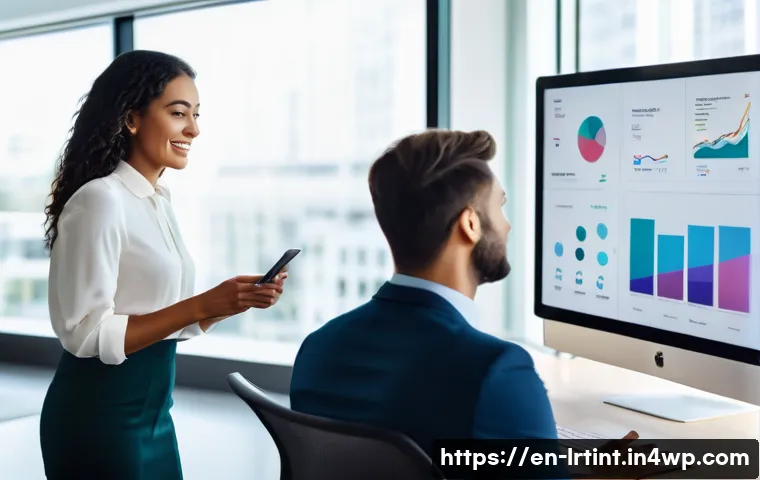 대화형 AI 시스템의 테스트 전략과 프레임워크 - A modern office setting with diverse professionals collaborating around a large touchscreen display ...