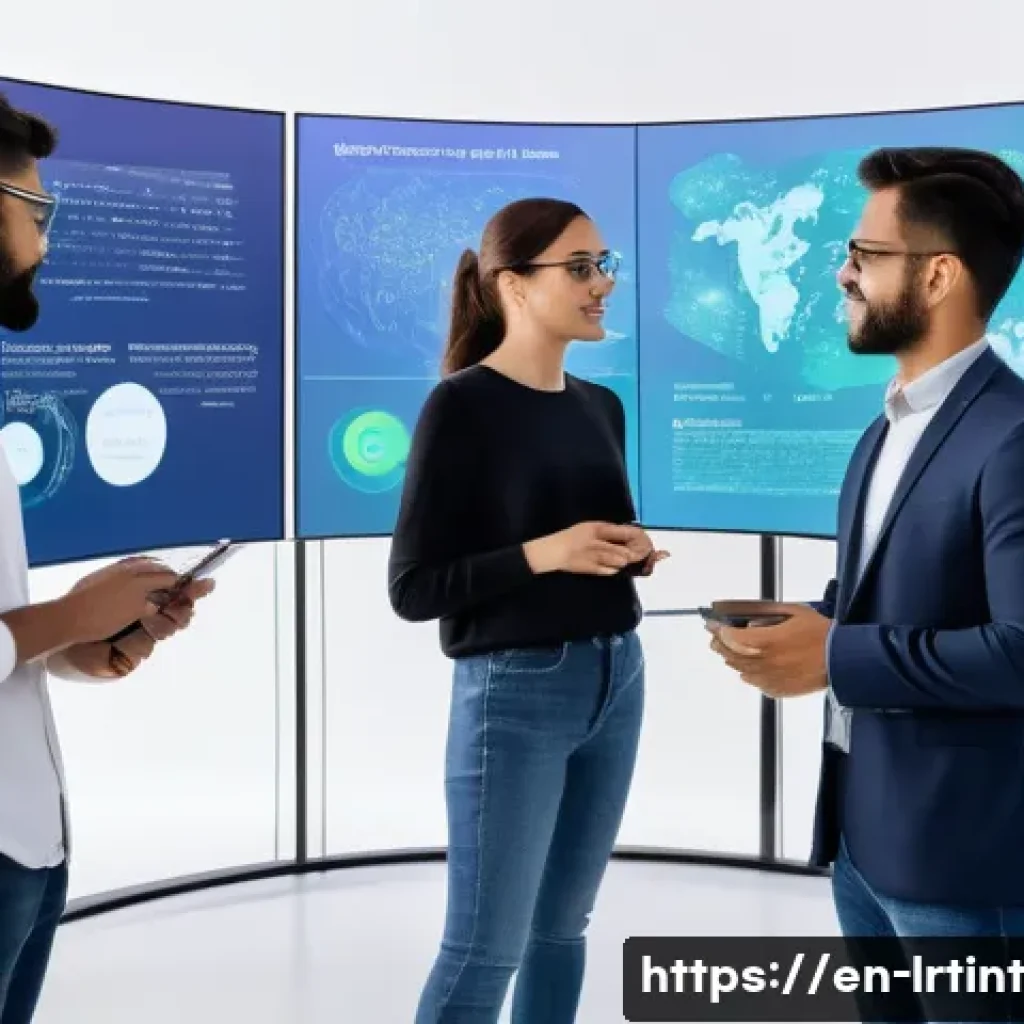 대화형 AI의 교육 및 훈련 방안 - A modern AI research lab scene featuring diverse data scientists collaborating around large transpar...