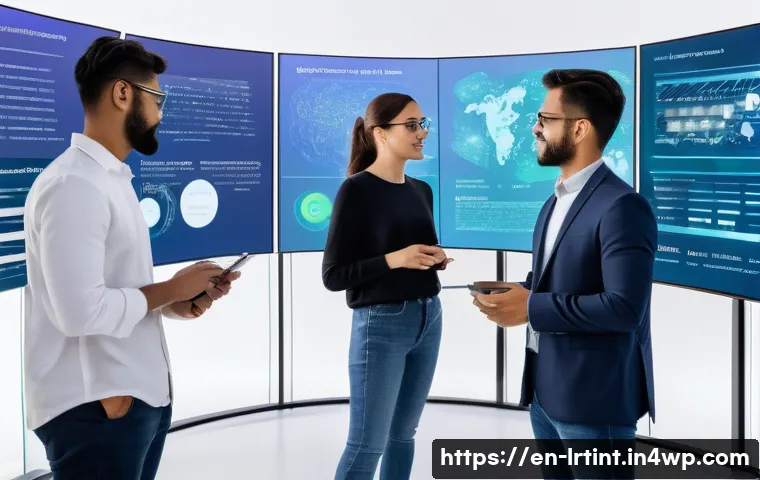 대화형 AI의 교육 및 훈련 방안 - A modern AI research lab scene featuring diverse data scientists collaborating around large transpar...