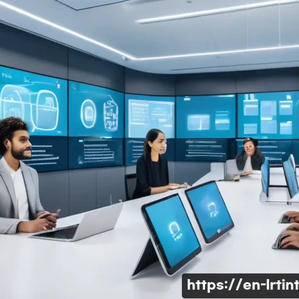 대화형 AI 개발을 위한 클라우드 서비스 비교 - A futuristic office environment showcasing a diverse team of AI developers collaborating on conversa...