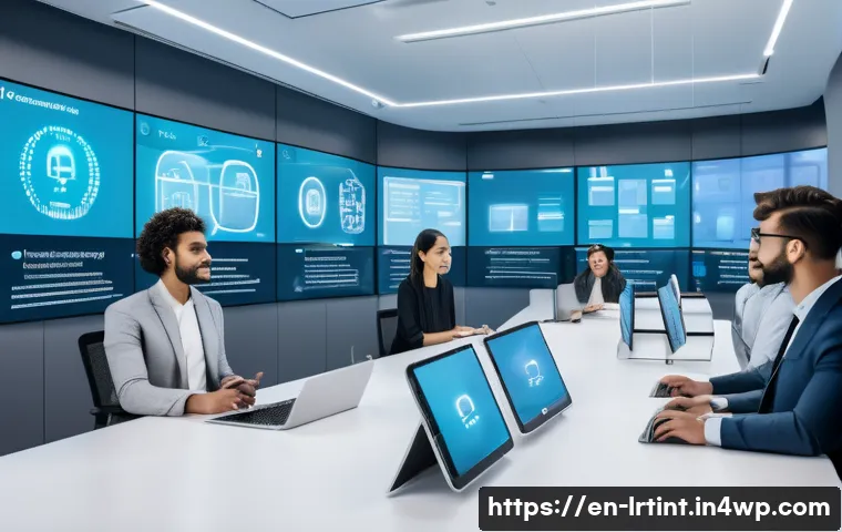 대화형 AI 개발을 위한 클라우드 서비스 비교 - A futuristic office environment showcasing a diverse team of AI developers collaborating on conversa...