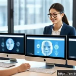 Home 22 대화형 AI 개발의 실제 사례 연구 - A modern customer support center scene showing a diverse group of people interacting with AI-powered...