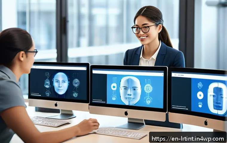 대화형 AI 개발의 실제 사례 연구 - A modern customer support center scene showing a diverse group of people interacting with AI-powered...