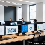 Home 20 대화형 AI 개발을 위한 전문 교육 과정 - A modern, sleek tech workspace featuring a diverse team of AI developers collaborating on conversati...