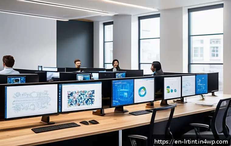 대화형 AI 개발을 위한 전문 교육 과정 - A modern, sleek tech workspace featuring a diverse team of AI developers collaborating on conversati...
