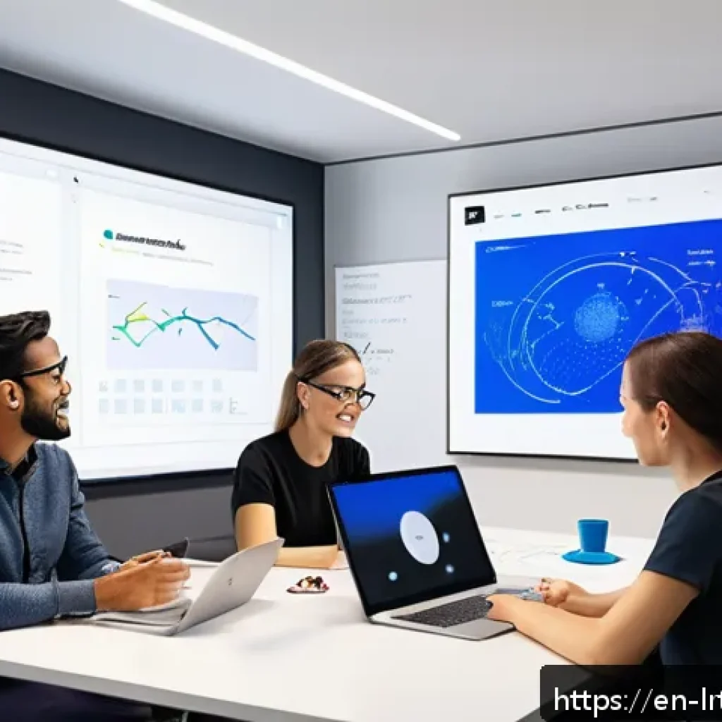 대화형 AI 프로토타입 제작을 위한 도구 활용법 - A modern, bright office setting where a diverse team of developers and designers collaborate around ...