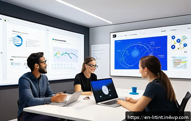대화형 AI 프로토타입 제작을 위한 도구 활용법 - A modern, bright office setting where a diverse team of developers and designers collaborate around ...