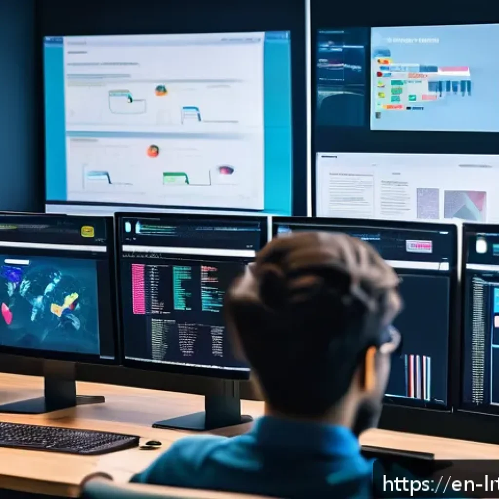 대화형 AI 구축을 위한 API 통합 방법 - A futuristic office workspace showing a diverse team of software developers collaborating on API int...