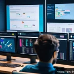 Home 18 대화형 AI 구축을 위한 API 통합 방법 - A futuristic office workspace showing a diverse team of software developers collaborating on API int...